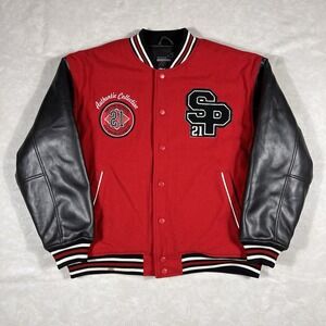 Y2K Southpole Varsity Jacket Size Large Red Embroidered Wool Leather Bomber
